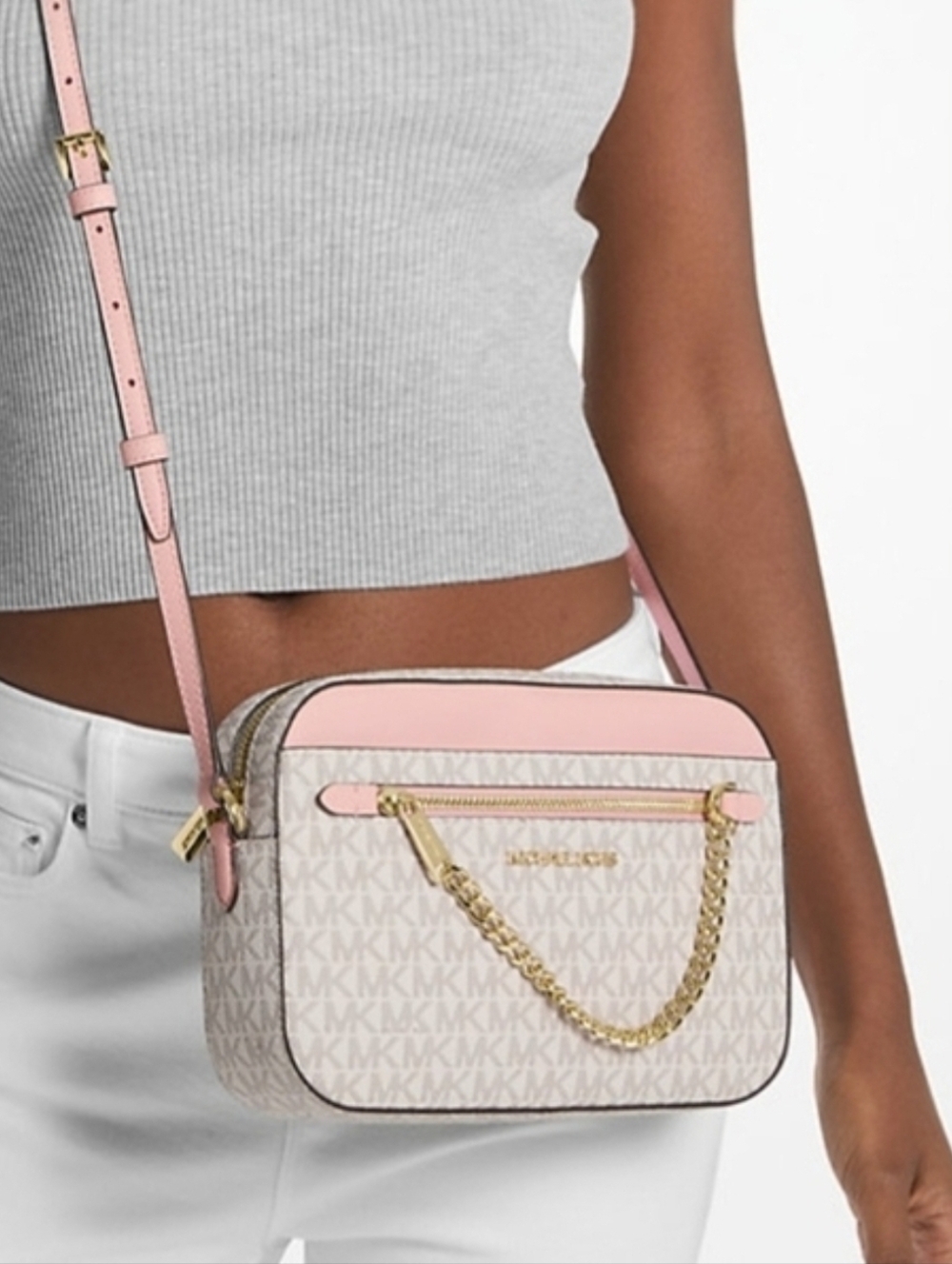 Michael Kors NWOT Pink Vanilla MK Logo Crossbody Bag Gold Chain w Certificate - Picture 9 of 9